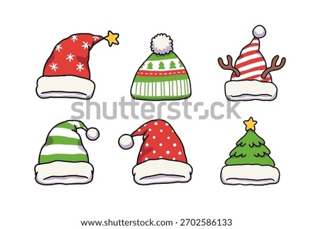 Christmas and Holiday Hat Cartoon Vector Set – Santa, Elf, Reindeer, Tree Hats, Festive Winter Illustration