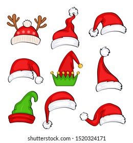 Christmas holiday hat. Funny elf, snow reindeer and Santa Claus hats wearing for noel sign. Elves fur cap clothes, decoration xmas costume cartoon isolated vector icon set