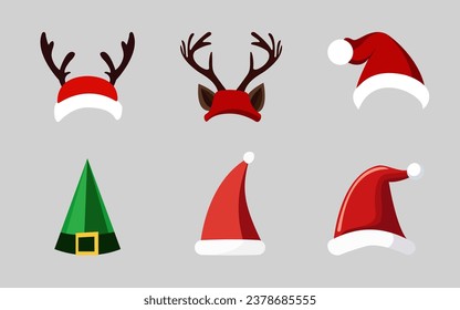 Christmas holiday hat icon set. Cartoon Santa Claus, elf and reindeer