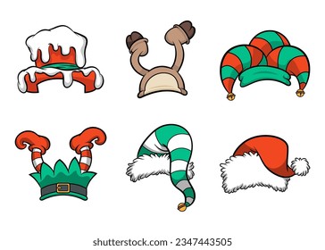 Christmas holiday hats. Santa claus funny cap, snow reindeer and elves Headwear cartoon