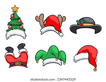 Christmas holiday hats. Santa claus cap, snow reindeer and elves hat. Headwear cartoon