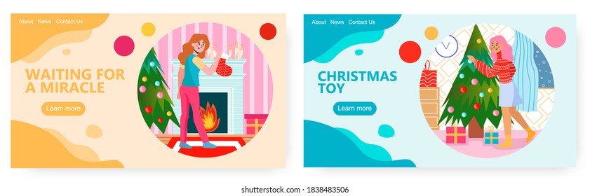 Christmas holiday home decoration vector concept illustration. Happy woman decorate christmas tree. Web site design template. Fireplace