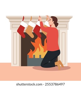 Christmas holiday home decoration. Woman decorate fireplace with christmas socks. Flat vector illustration isolated on white background