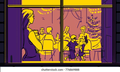 Christmas Holiday at Home. Happy Family at the Festive Dinner Table Outside the Window. New Year Celebration. Color Vector sketch.