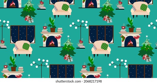 Christmas holiday home pattern with, living room, cozy interior, fireplace, snowy window scene, Christmas tree with gifts 