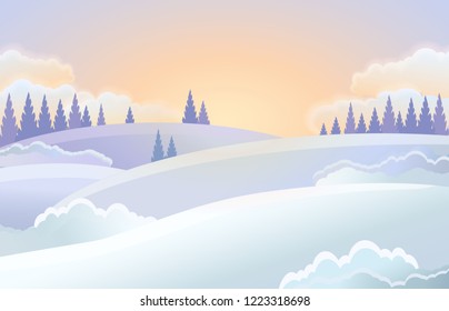 Christmas Holiday Horizontal Background, Winter Landscape. Flat winter vector landscape with silhouettes of trees and hills with snow. Merry Christmas and Happy New Year Flat Vector Illustration.
