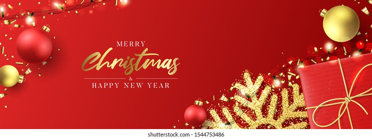 Christmas holiday horizontal banner. Festive New Year background with realistic red gift box, snowflakes and sparkling light garlands. Vector illustration with Christmas balls, confetti.