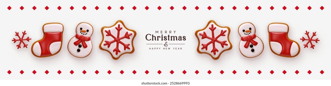 Christmas holiday horizontal banner, web poster, header for website with realistic 3d gingerbread cookies. Xmas border with sweet cookies cute snowman, red sock, snowflake. Vector illustration