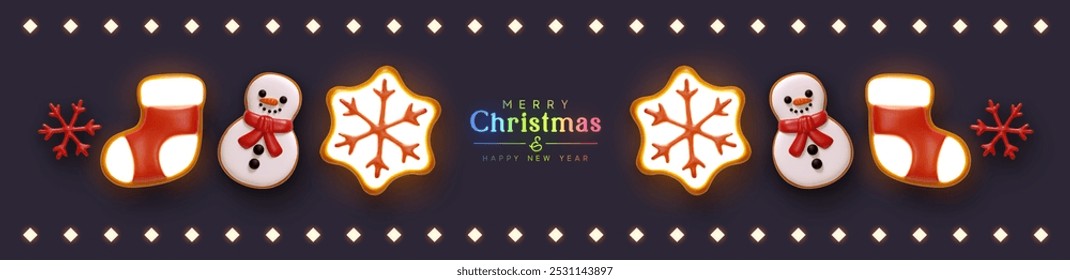 Christmas holiday horizontal banner, web poster, header for website. Realistic 3d in neon light gingerbread cookies. Xmas border with sweet cookies cute snowman, sock, snowflake. Vector illustration