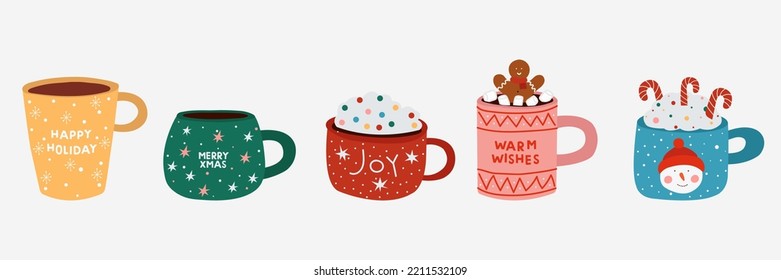 Christmas holiday hot drinks set. Colorful winter mugs in flat style. Xmas hot beverages vector illustration.