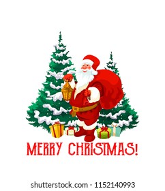 Christmas holiday icon of Santa Claus with gift. Santa with Xmas tree, candle lantern and red bag, snowflake, present box and red ribbon bow for New Year winter holiday celebration design