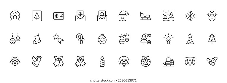 Christmas and Holiday Icon Set. A festive collection of Christmas and holiday icons, including Celebration, trees, ornaments, snowflakes, Santa hats, candles, and gift symbols in a minimalist vector