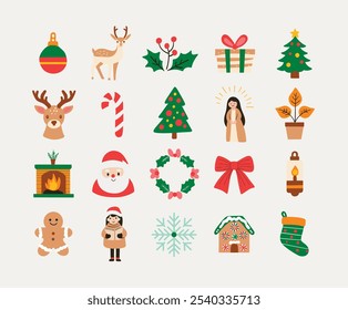 Christmas holiday icon set. Includes decorative and traditional icons with flat and playful illustrations. Perfect for festive designs and holiday-themed projects.