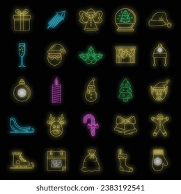 Christmas holiday icon set. Outline set of christmas holiday vector icons neon color on black