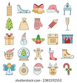 Christmas holiday icon set. Outline set of christmas holiday vector icons thin line color flat on white