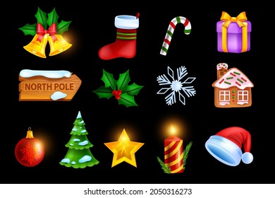 Christmas holiday icon set, vector game x-mas badge kit, New Year winter symbol, gold star, gingerbread. Festive December collection, Santa Claus hat, pine tree. Christmas cartoon icon UI collection