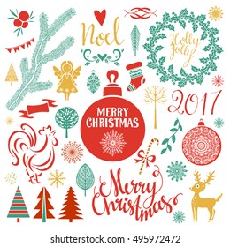 Christmas Holiday icons. Handwritten text, lettering. Trees, balls, snowflakes, rooster, wreath, pine, mistletoe, reindeer, sugar cane, flags, CÃ?Â�hristmas stocking. Scrapbooking design elements