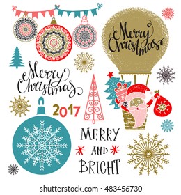 Christmas Holiday icons. Isolated on white background set. Merry Christmas, Merry and bright text, handwritten. Hand drawn cartoon Santa Claus, tree, snowflakes, flags, balls, air balloon, 2017 number