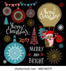 Christmas Holiday icons. Isolated on black background set. Merry Christmas, Merry and bright text, handwritten. Hand drawn cartoon Santa Claus, tree, snowflakes, flags, balls, hot air balloon
