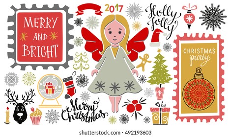 Christmas Holiday icons, marks. Merry Christmas, Holly Jolly, Christmas party hand written text, lettering. Tree, reindeer, hat, fairy, candle, ball, ribbon, snowflakes, gift. Hand drawn isolated