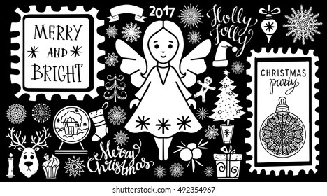 Christmas Holiday icons, marks. Merry Christmas, Holly Jolly, Christmas party hand written text, lettering. Tree, reindeer, hat, fairy, candle, ball, ribbon, snowflakes, gift. Hand drawn isolated