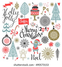 Christmas Holiday icons. Merry Christmas, Holly Jolly, Noel hand written text, lettering. Tree, Santa Claus, ball, ribbon, snowflakes, champagne, wine glass, stars, sugar cane, cake stand, angel