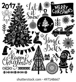 Christmas Holiday icons. Merry Christmas, Jingle Bells, Let it Snow, handwritten text, lettering. Tree, ball, snowflakes, Santa Claus, fox, flags, auto, angel, ribbon, gift, 2017 number