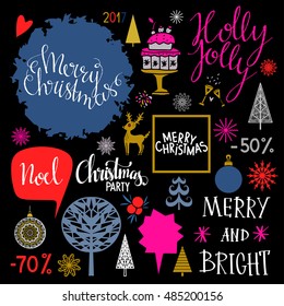 Christmas Holiday icons. Merry Christmas, Christmas party, Merry and bright text, Noel, Holly jolly handwritten text, lettering. Vector design