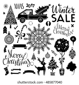 Christmas Holiday icons. Merry Christmas, Xmas, Winter sale handwritten text, lettering. Trees, deer, car, ball, arrows, snowflakes, ribbons, stars, sugar cane, 2017 number. Hand drawn