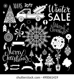 Christmas Holiday icons. Merry Christmas, Xmas, Winter sale handwritten text, lettering. Trees, deer, car, ball, arrows, snowflakes, ribbons, stars, sugar cane, 2017 number. Hand drawn