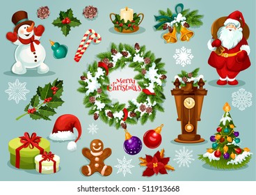 Christmas holiday icons of Santa Claus with gift, xmas tree with ball and lights, holly berry, snowflake, fir wreath, candy, gingerbread man, snowman, candle, bell, clock with pine, poinsettia flower