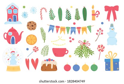 Christmas holiday icons set. Cartoon and flat style. Vector illustration