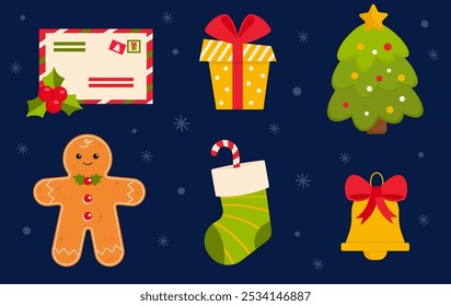 Christmas holiday icons. Set with gingerbread man, gift, tree, stocking, bell, letter. Christmas decorations in flat design isolated