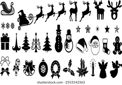 Christmas Holiday Icons Set: Santa, Reindeer, Snowflakes, Gifts, Trees, Snowmen, Stars, Bows, Candy Canes, Bells, Wreaths, Holly, Candles, Angels, and Gingerbread Man - Perfect for Festive Designs