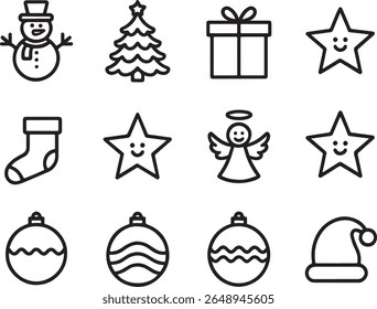 Christmas Holiday Icons Set with Snowman, Tree, Gift, Star, Stocking, Angel, Ornament and Santa Hat in Black and White