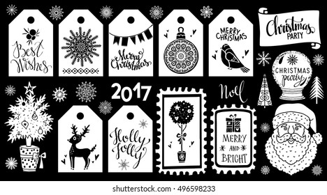 Christmas Holiday icons, tags, labels marks, stickers. Hand written text, lettering. Tree, reindeer, snowflakes, Santa Claus, bird, gift, snow globe, mistletoe, flags. 2017 number