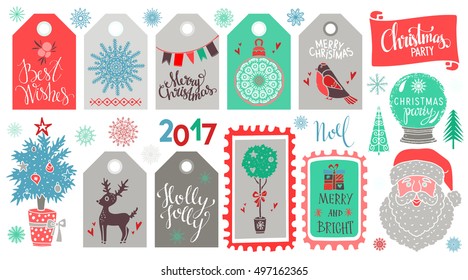 Christmas Holiday icons, tags, labels marks, stickers. Handwritten text, lettering. Tree, reindeer, snowflakes, Santa Claus, bird, gift, snow globe, mistletoe, flags. 2017 number