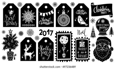 Christmas Holiday icons, tags, labels marks, stickers. Handwritten text. Tree, reindeer, snowflakes, Santa Claus, bird, gift, snow globe, mistletoe, flags. 2017 number. Vector design for scrapbooking