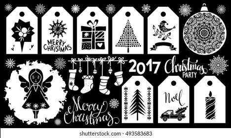 Christmas Holiday icons, tags. Merry Christmas, Christmas party hand written text, lettering. Tree, stocking, car, burning candle, fairy, ball, snowflakes, fairy, gift. Hand drawn isolated