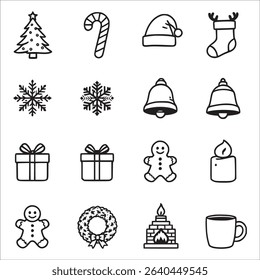Christmas Holiday Icons Tree Candy Cane Hat Stocking Snowflake Bells Gifts Gingerbread Candle Wreath Fireplace Mug