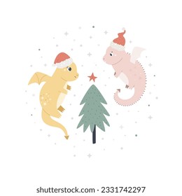 Christmas holiday illustration with adorable dragon in a santa hat. Seasonal print with cute character