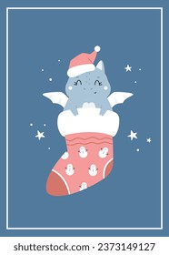 Christmas holiday illustration with adorable dragon in a santa hat. Seasonal print with cute character