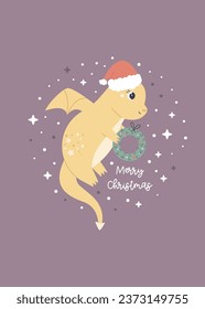 Christmas holiday illustration with adorable dragon in a santa hat. Seasonal print with cute character