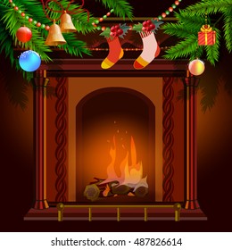Christmas holiday illustration with fireplace and socks. It can be used for greeting card.