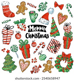 Christmas holiday  illustrations. a Santa hat, Christmas tree, gingerbread man, presents, candy, holly leaves with berries, ornaments. Vector set of clipart isolated on white background.