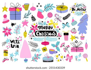 Christmas holiday  illustrations. Santa hat, decorated Christmas tree, gingerbread man, gift, candy canes, holly leaves, trees, ornaments and more. Vector set of clipart