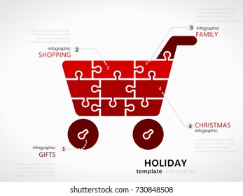 Christmas holiday infographic template with red shopping cart symbol made out of jigsaw pieces