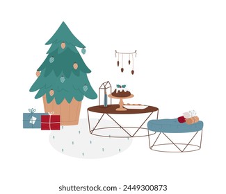 Christmas holiday interior. Xmas tree and gifts, winter warm atmosphere cartoon vector illustration