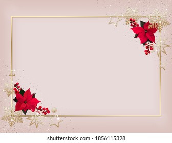 Christmas holiday isolated background design with gold glitter snowflake border and poinsettia flowers.