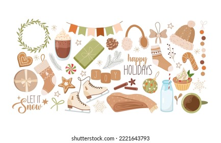 Christmas holiday items set. 
Set of cute Christmas and New Year symbols isolated on white background.
Element design for greeting card